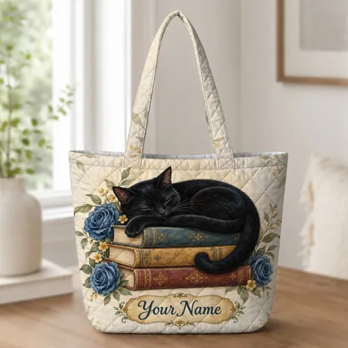 Sleeping Black Cat on Vintage Books for Cozy Reading Days and Thoughtful Cat Lovers Quilted Tote Bag