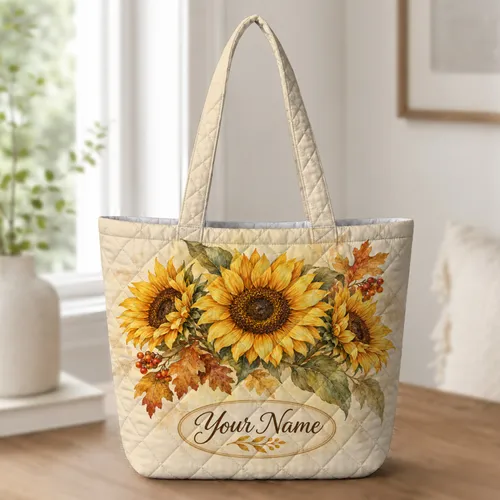 Golden Sunflowers and Autumn Leaves for Harvest Season Gifts for Her Quilted Tote Bag