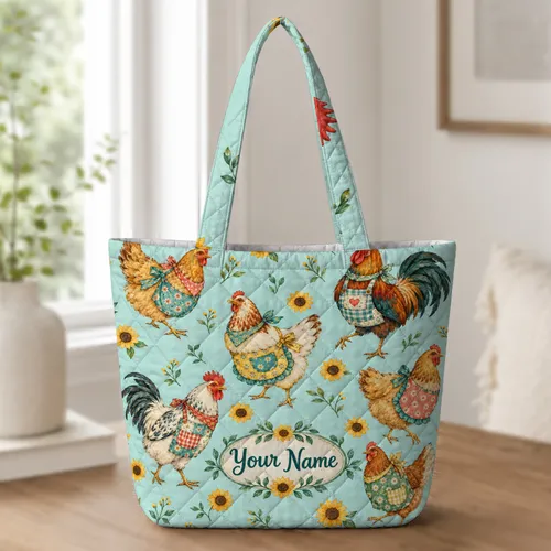 Vintage Patchwork Chickens for Farmhouse Market Days and Country Gifts for Her Quilted Tote Bag