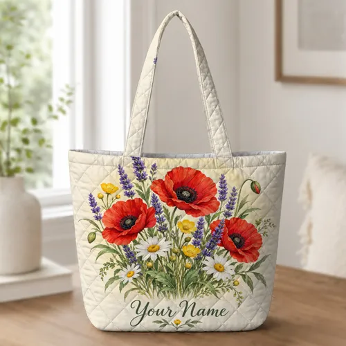 Wildflower Poppies, Lavender and Daisies for Garden Lovers and Nature Gifts for Her Quilted Tote Bag