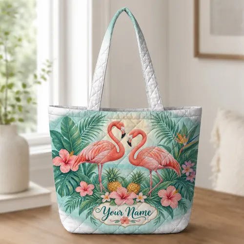 Flamingo Couple Tropical Flowers Beachside Summer Escape Gift for Her Summer Holiday Quilted Tote Bag