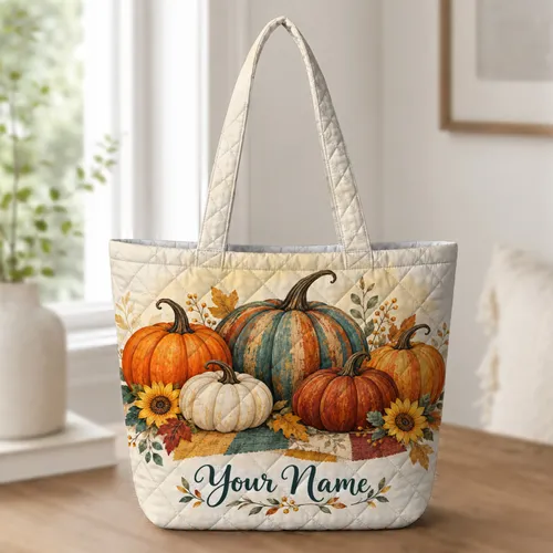 Autumn Pumpkin and Sunflower Patchwork for Thanksgiving Gifts and Cozy Fall Gatherings Quilted Tote Bag