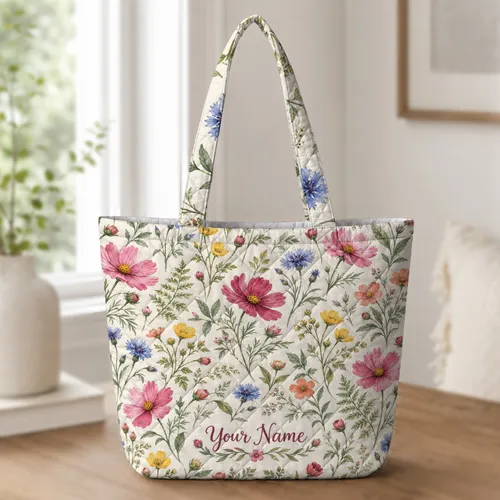 Colorful Wildflower Meadow Blooms for Spring Garden Days and Nature Gifts for Mom Quilted Tote Bag