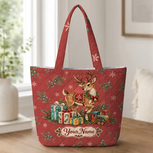 Festive Christmas Reindeer, Wrapped Gifts and Toy Train for Holiday Celebrations Quilted Tote Bag