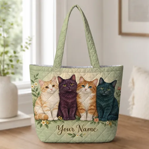 Four Colorful Cats With Garden Blooms for Cat Lovers and Cozy Everyday Style Quilted Tote Bag