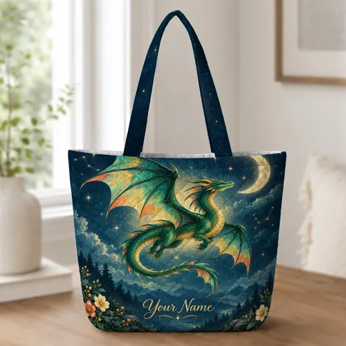 Emerald Dragon and Crescent Moon for Fantasy-Loving Women, Birthday Gift Inspiration Quilted Tote Bag