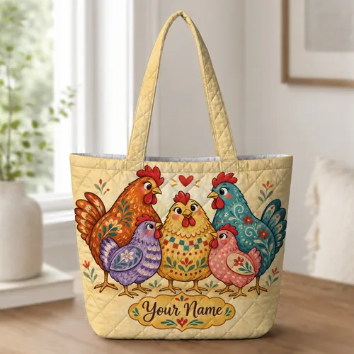 Colorful Folk Art Chickens for Farmhouse Market Days and Cheerful Hen Lover Gifts Quilted Tote Bag