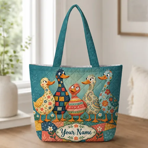 Colorful Patchwork Ducks For Whimsical Everyday Outings And Duck Lovers Quilted Tote Bag