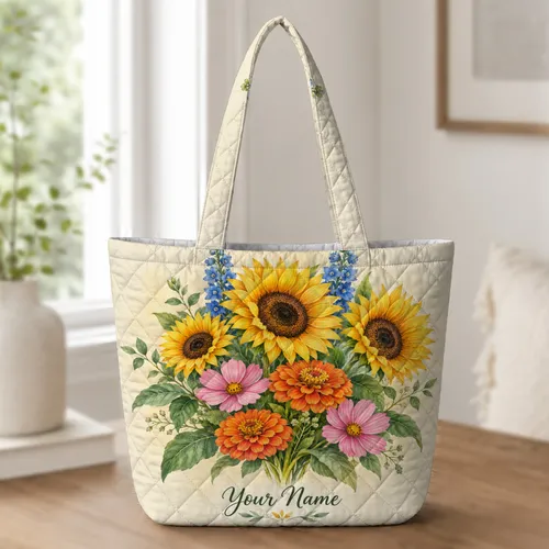 Sunflower and Wildflower Garden Bouquet for Nature Lovers, Birthday Gift for Her Quilted Tote Bag