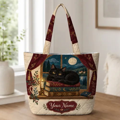 Black Cat by Moonlit Window for Cozy Book Lovers and Cat Moms, Autumn Evening Gift Quilted Tote Bag