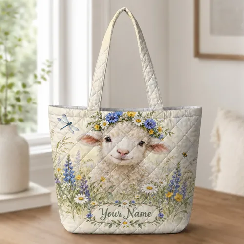 Sheep Flower Crown Meadow Gift for Nature Lovers and Spring Birthday Celebrations Quilted Tote Bag