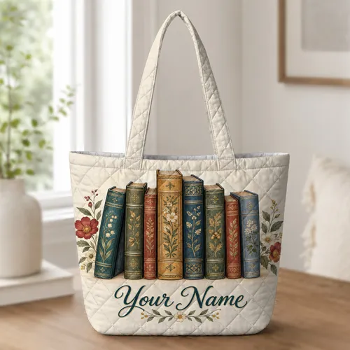 Vintage Book Spines and Wildflowers for Cozy Reading Days and Library Lovers Gift Quilted Tote Bag