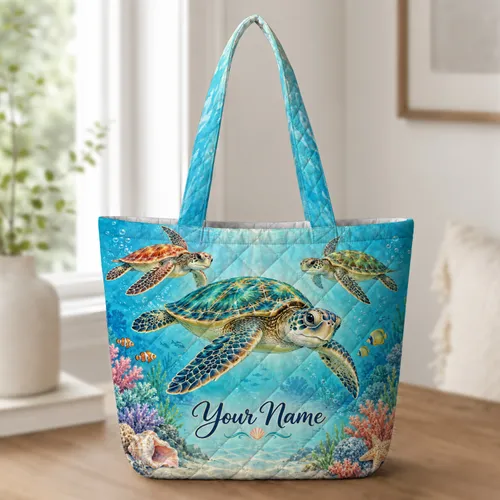 Sea Turtle Coral Reef Art for Ocean-Loving Beach Days and Coastal Getaways Quilted Tote Bag