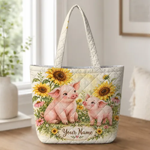 Playful Piglets Among Sunflowers and Wildflowers for Summer Outings, Garden Lovers Quilted Tote Bag