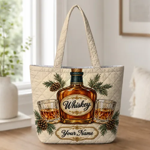 Rustic Whiskey Bottle and Glasses for Cabin Bar Nights, Bourbon Gifts for Friends Quilted Tote Bag