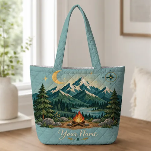 Celestial Mountain Campfire Scene for Rustic Outdoor Adventure Gifts Quilted Tote Bag