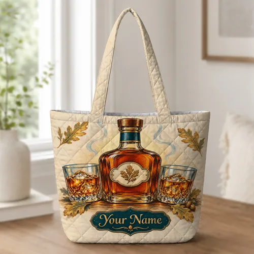 Rustic Bourbon Whiskey Bottle and Rocks Glasses for Home Bar Entertaining Gift for Him Quilted Tote Bag