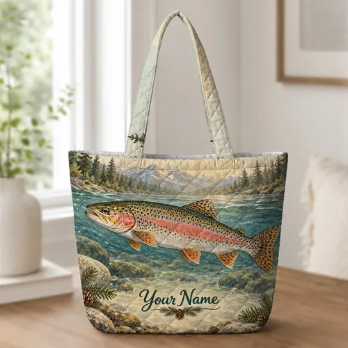 Rainbow Trout Fly Fishing River Scene for Rustic Cabin Lodge Adventures and Anglers Quilted Tote Bag