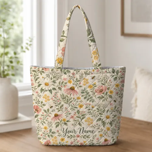 Spring Wildflower Patchwork Blooms for Garden Days and Thoughtful Gifts for Any Woman Quilted Tote Bag