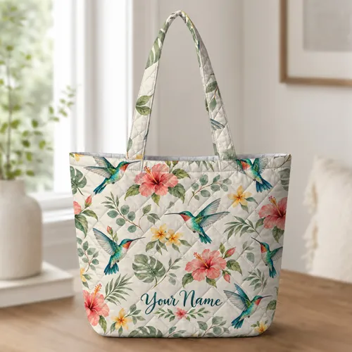 Hummingbird and Tropical Blooms for Everyday Errands and Springtime Gifts for Her Quilted Tote Bag