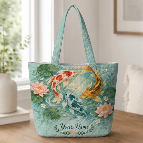 Colorful Koi Carp And Lotus Pond Keepsake For Calm Garden Days And Nature Lovers Gift Quilted Tote Bag