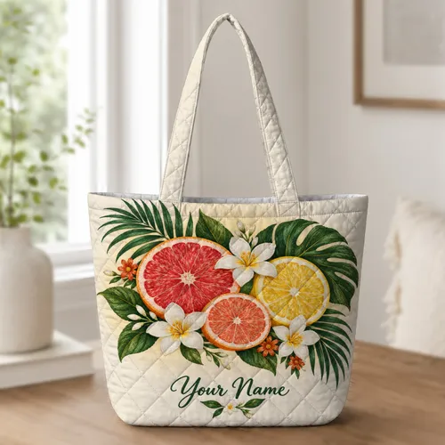Tropical Citrus and Palm Leaves for Bright Coastal Summer Outings Quilted Tote Bag