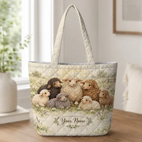 Sheep Meadow Floral Flock for Cottagecore Garden Outings and Nature-Loving Friends Quilted Tote Bag