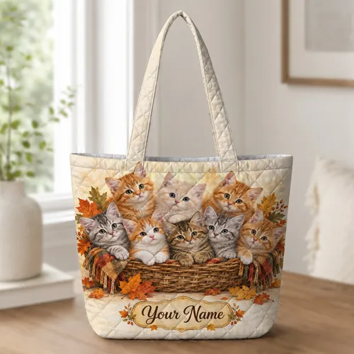Autumn Kittens in a Woven Basket for Cozy Fall Cat Lovers and Seasonal Gift Giving Quilted Tote Bag