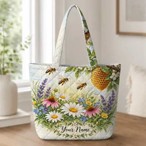 Wildflower Bees And Golden Beehive For Garden Walks And Nature-Loving Gift Givers Quilted Tote Bag