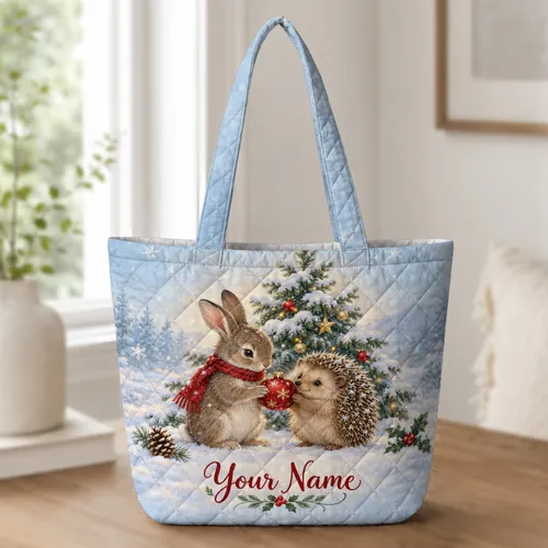 Woodland Rabbit and Hedgehog Christmas Cheer for Cozy Winter Holiday Gift Giving Quilted Tote Bag