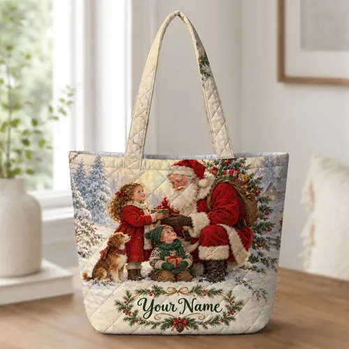 Santa and Children Christmas Celebration for Cozy Holiday Family Gatherings Quilted Tote Bag