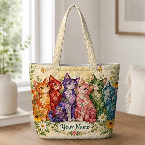 Colorful Patchwork Garden Cats for Whimsical Everyday Carry and Cat Lovers Quilted Tote Bag