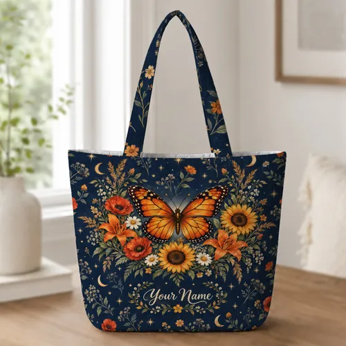 Midnight Wildflower and Butterfly Garden Scene for Autumn Nature Lovers and Gardeners Quilted Tote Bag
