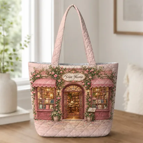 Rose-Covered Bookshop Cottagecore Scene for Cozy Reading Days and Book Lover Gifts Quilted Tote Bag