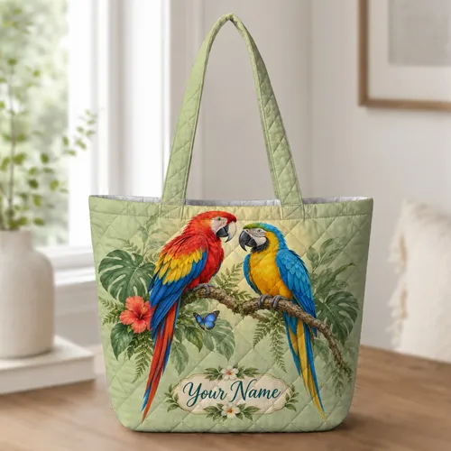 Colorful Red And Blue Macaws In Tropical Jungle For Nature-Loving Home Storage Gifts Quilted Tote Bag