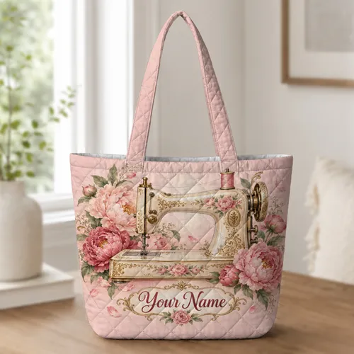 Vintage Sewing Machine and Pink Peonies for Creative Seamstresses and Craft Lovers Quilted Tote Bag