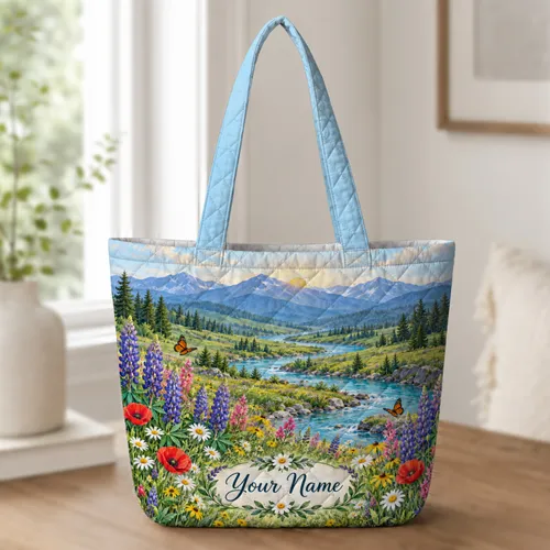 Mountain Wildflower River Meadow for Cottagecore Laundry Room and Nature Lover Gifts Quilted Tote Bag
