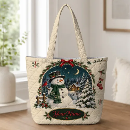 Christmas Snowman, Sleigh and Moonlit Forest for Cozy Winter Holiday Gift Giving Quilted Tote Bag