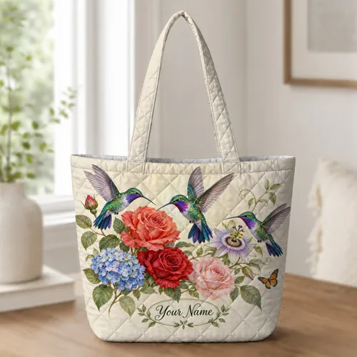 Vibrant Hummingbirds and Cottage Roses for a Charming Cottagecore Home Gift Quilted Tote Bag