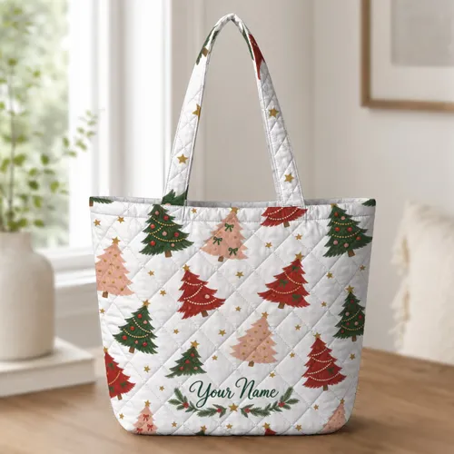 Vintage Christmas Trees and Stars for Cozy Holiday Gatherings and Winter Gifting Quilted Tote Bag
