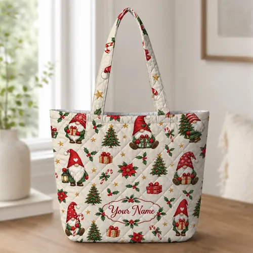Christmas Gnome Holly And Evergreen Motifs For Festive Holiday Gift Giving For Her Quilted Tote Bag