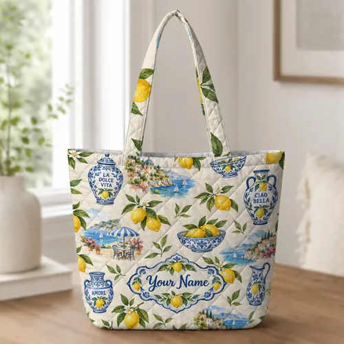 Mediterranean Lemon and Ceramic Motifs for Coastal Summer Getaways and Italian Style Quilted Tote Bag