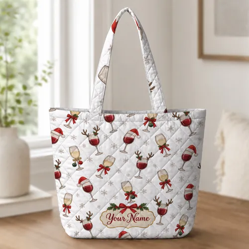 Christmas Wine Glasses With Santa Hats for Festive Holiday Party Celebrations Quilted Tote Bag