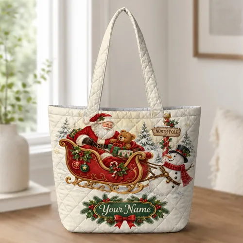 Santa Sleigh and Snowman Christmas Scene for Holiday Gifting and Festive Outings Quilted Tote Bag