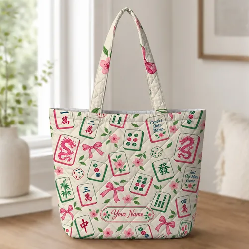 Mahjong Tiles, Pink Dragons and Bamboo for Cozy Game Night Gifts for Mahjong Lovers Quilted Tote Bag