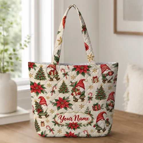 Christmas Gnomes, Poinsettias and Evergreen Trees for Cozy Holiday Gifting for Her Quilted Tote Bag