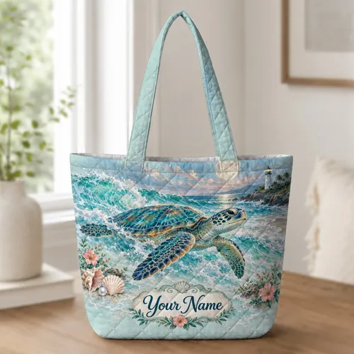 Sea Turtle Moonlit Shore Gift for Ocean Lovers, Beach Days, and Coastal Escapes Quilted Tote Bag