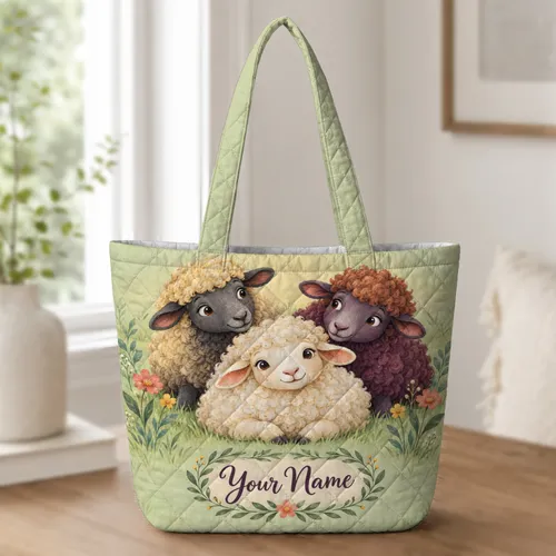 Colorful Sheep and Wildflowers for Cottagecore Farmhouse Gifts and Sheep Lovers Quilted Tote Bag