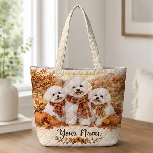 Bichon Frise Trio With Autumn Pumpkins for Cozy Fall Dog Lover Gifts Quilted Tote Bag