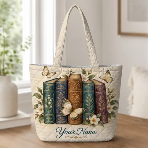 Vintage Books Butterflies and Blossoms for Library Lovers and Reading Days Quilted Tote Bag